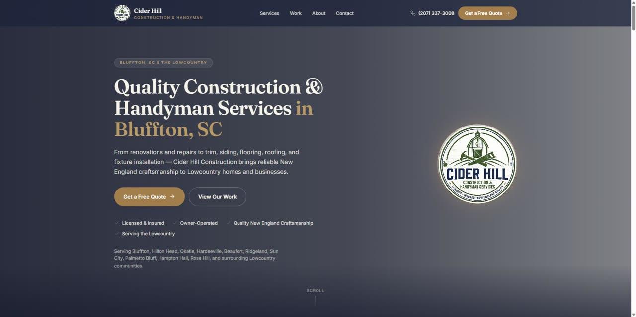Screenshot of the Cider Hill Construction website