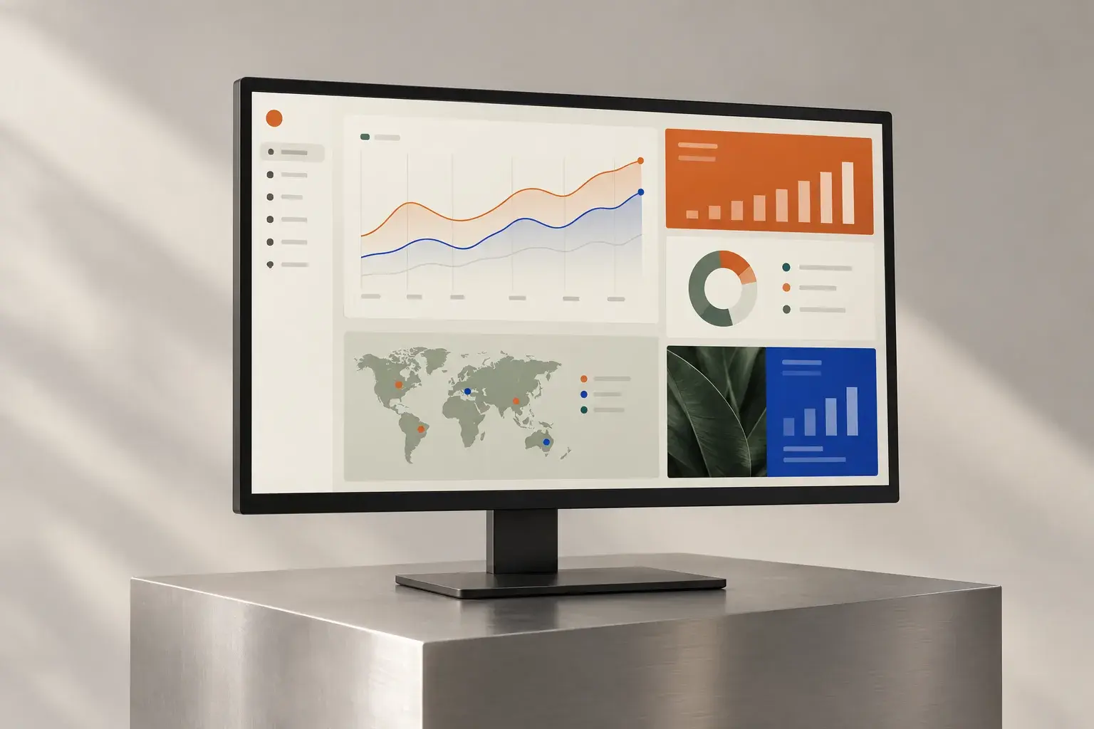 Illustration of a monitor showing a traffic and rankings dashboard