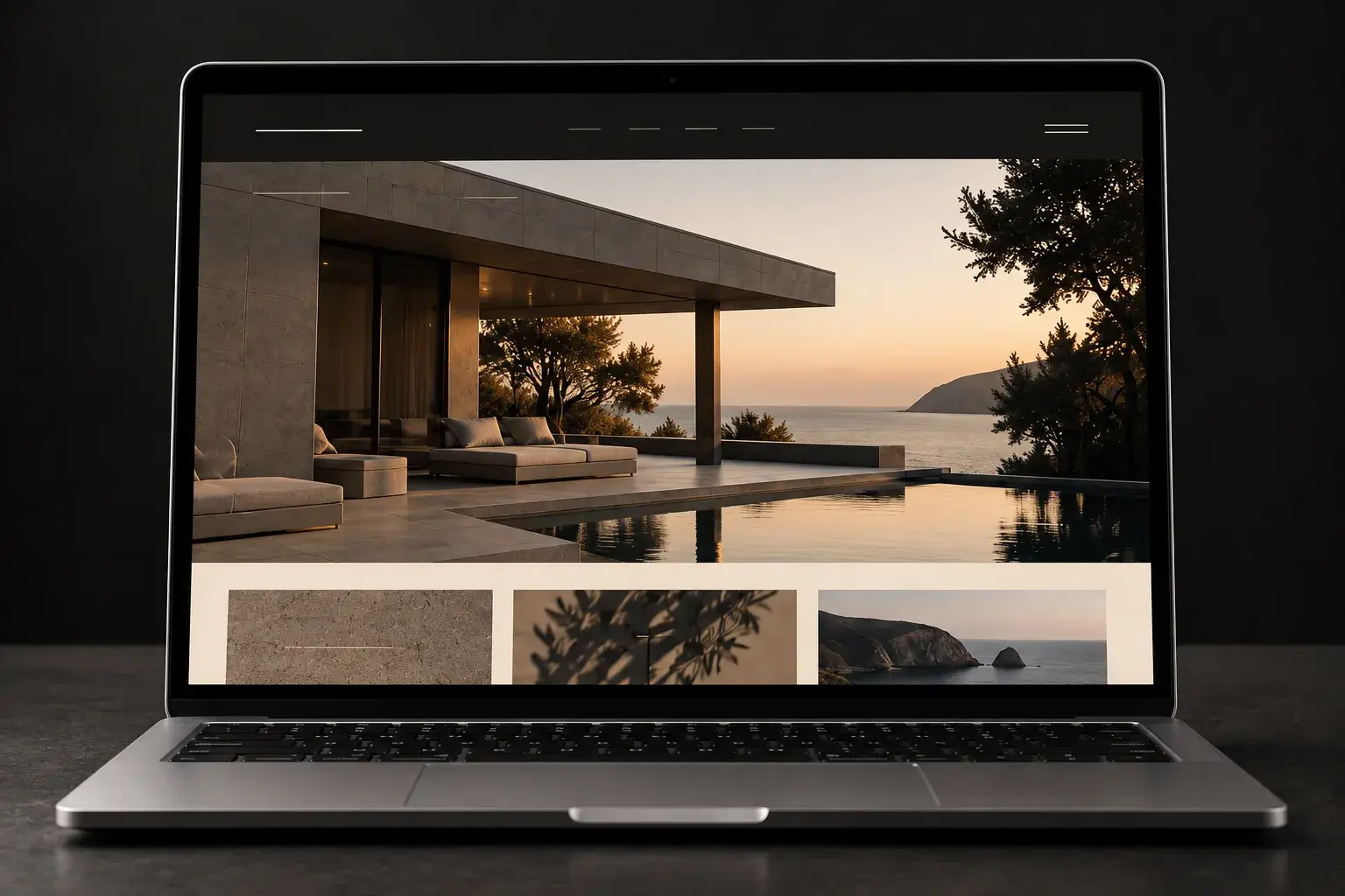 Illustration of a laptop showing a business website at dusk